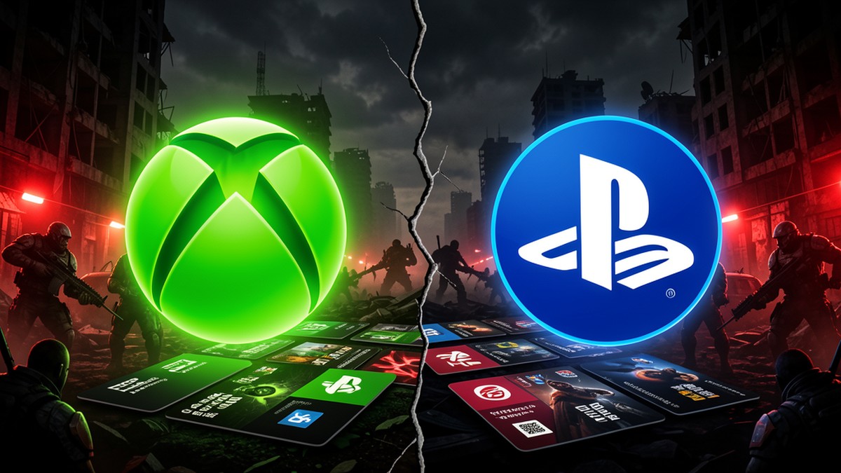 Xbox-Logo gegen PlayStation-Logo mit Gears of War E-Day Atmosphäre