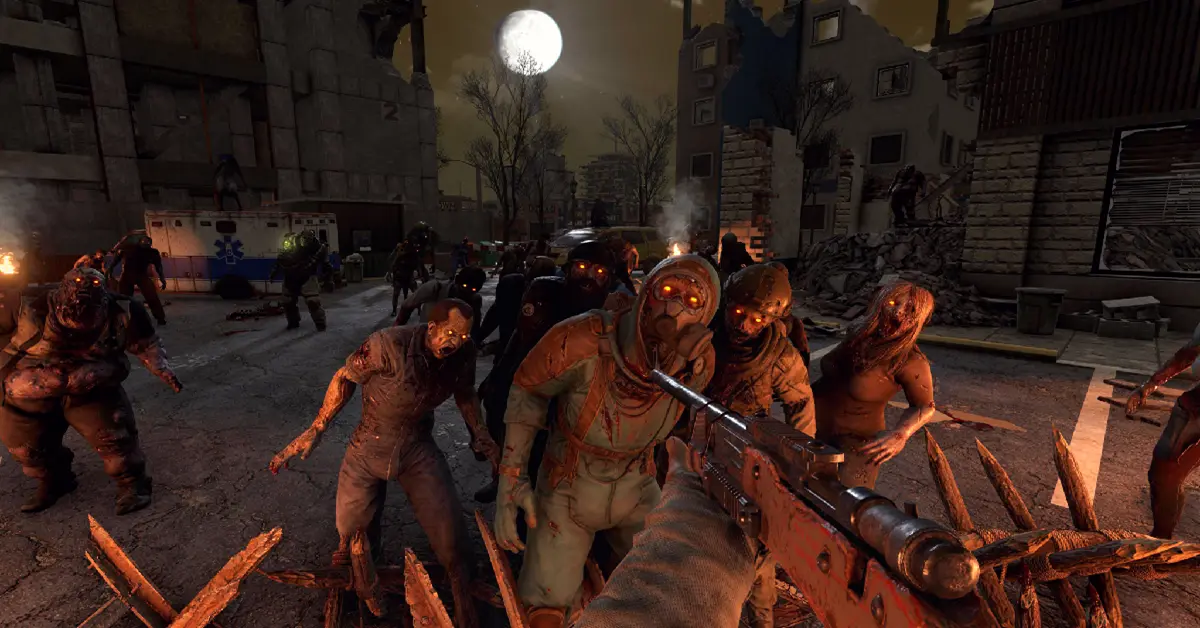 Eine stark befestigte Spielerbasis, die nachts von einer massiven Zombiehorde belagert wird