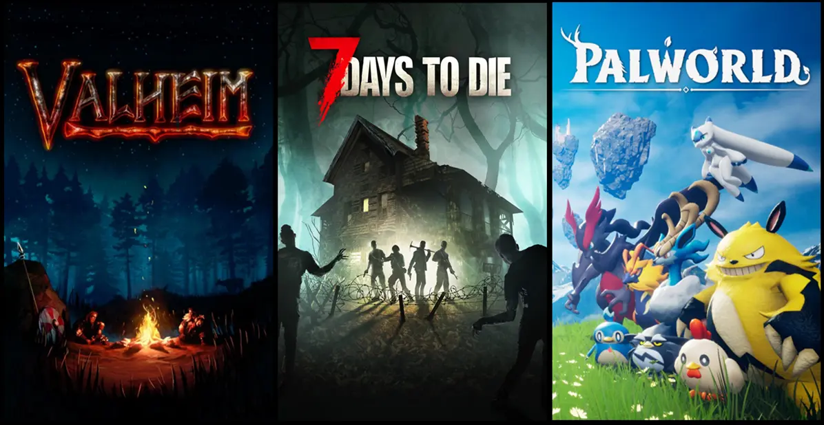 Eine Collage von PC-Multiplayer-Survival-Spielen einschließlich Valheim, 7 Days to Die und Palworld