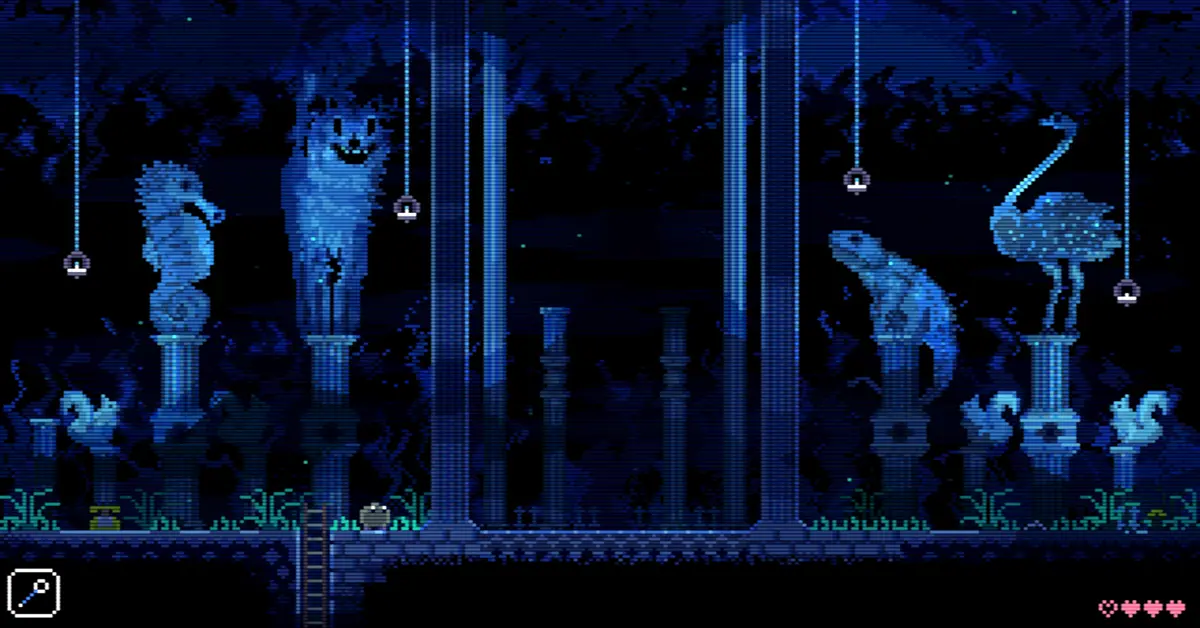 Animal Well Gameplay-Screenshot zeigt ein dunkles atmosphärisches Pixel-Art-Rätsel