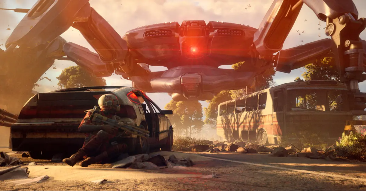 ARC Raiders-Trupp kämpft gegen eine riesige mechanische Maschine auf einer zerstörten Erde