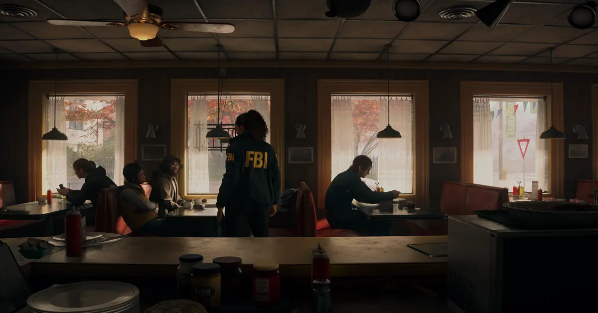 Gameplay-Screenshot von Saga Anderson, die einen Tatort in Bright Falls untersucht.