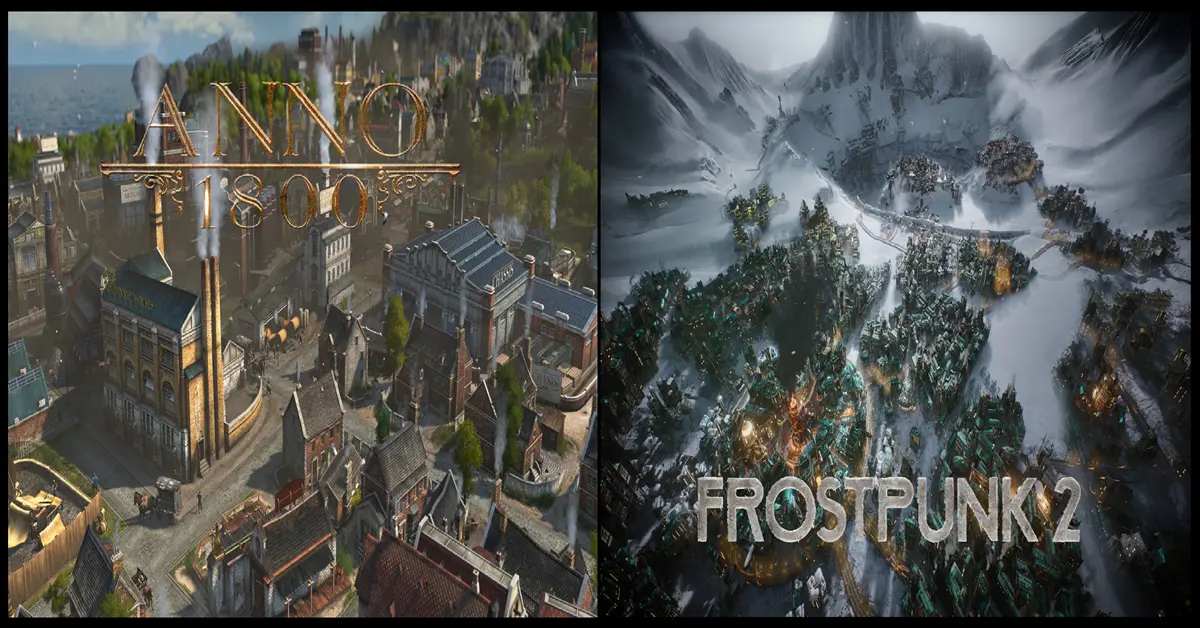 Nebeneinander-Vergleich einer weitläufigen Industriestadt in Anno 1800 und eines schneebedeckten Außenpostens in Frostpunk 2