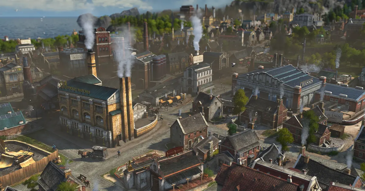 Filmische Nahaufnahme eines industriellen Stadtnetzes in Anno 1800