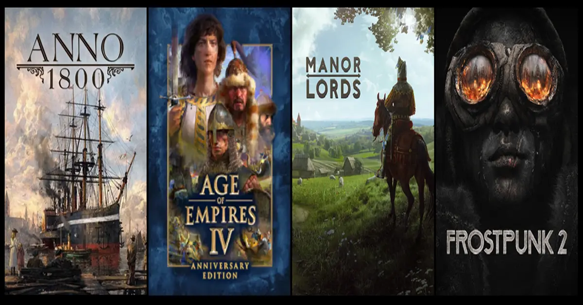 Collage der Key Arts von Anno 1800, Age of Empires IV, Manor Lords und Frostpunk 2