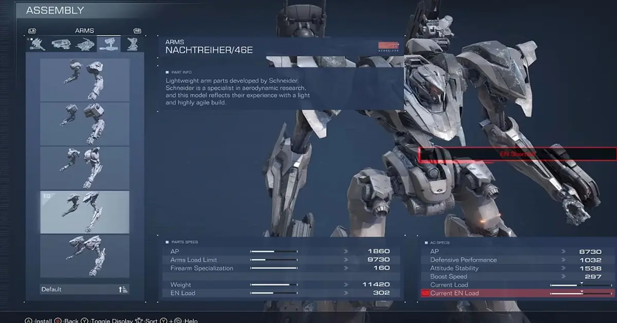 Das Montage-Menü in Armored Core VI, das detaillierte Statistiken für verschiedene Beine, Arme und Waffenteile zeigt.