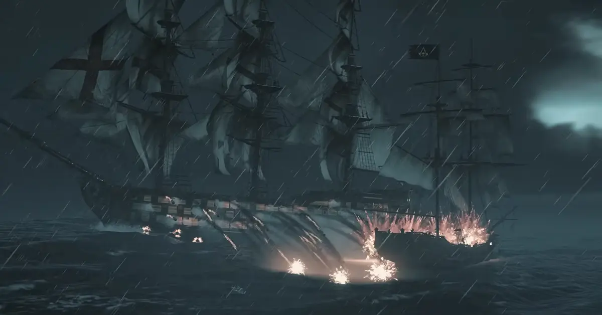 Die Jackdaw feuert während eines Sturms in Black Flag Resynced Kanonen auf eine britische Galeone ab