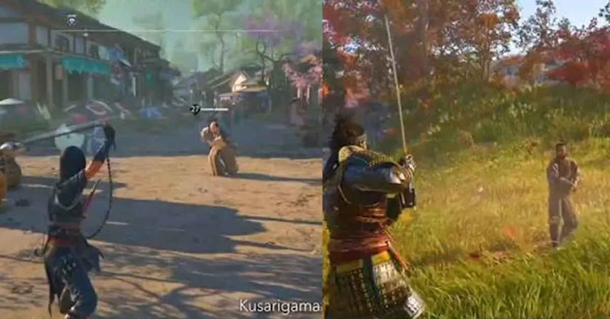 Gameplay-Vergleich nebeneinander: Naoe nutzt Stealth-Mechaniken, während Yasuke im schweren Nahkampf kämpft.