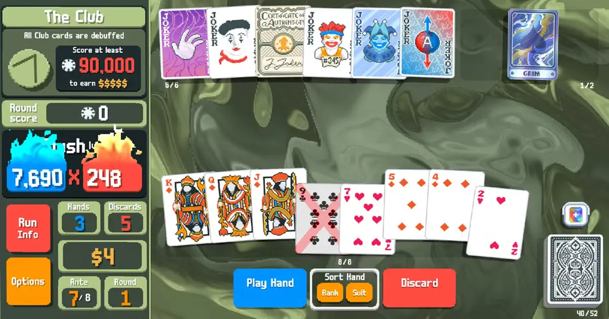 Ein surrealisiertes Pokerhand-Layout mit realitätsverändernden Joker-Karten aus dem Spiel Balatro.