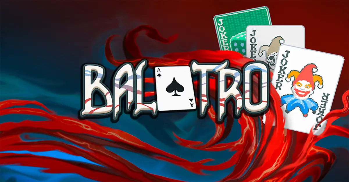 Die lebhaften Jokerkarten und Pokerchips aus dem Spiel Balatro sind über einen dunklen Hintergrund verstreut.