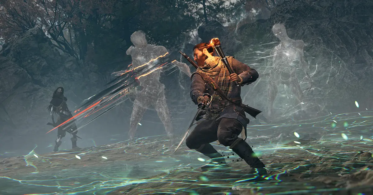 Gameplay-Screenshot, der zeigt, wie Red mac Raith in New Eden gegen ein spektrales Wesen kämpft.