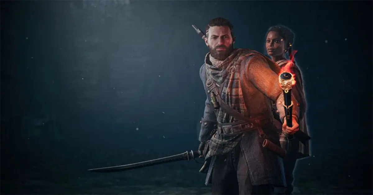 Die Protagonisten von Banishers: Ghosts of New Eden, Red mac Raith und Antea Duarte, in einem nebligen Wald des 17. Jahrhunderts.