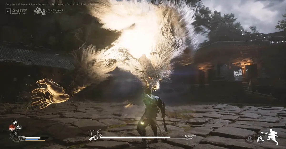 Gameplay-Screenshot einer Bosskampf-Szene in Black Myth Wukong