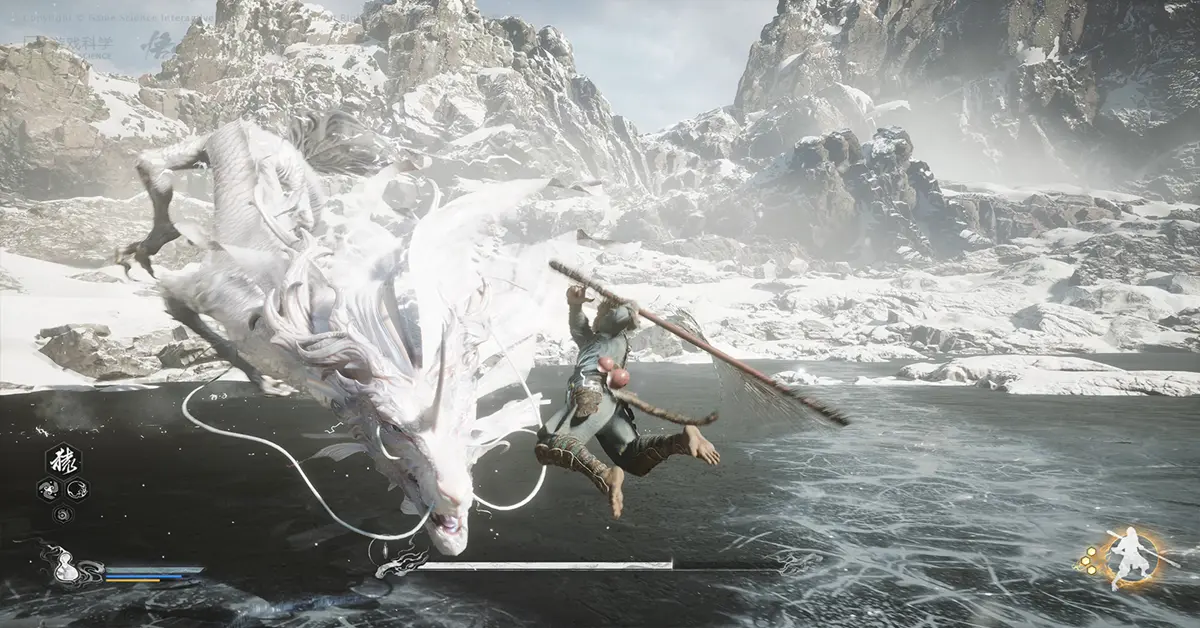 Der Auserkorene hält seinen magischen Stab im Kampf in Black Myth Wukong