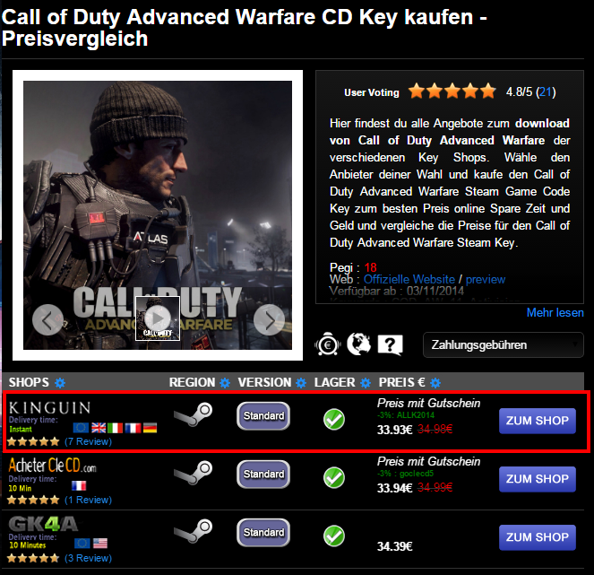 Call of Duty Advanced Warfare CD Key kaufen   Preisvergleich