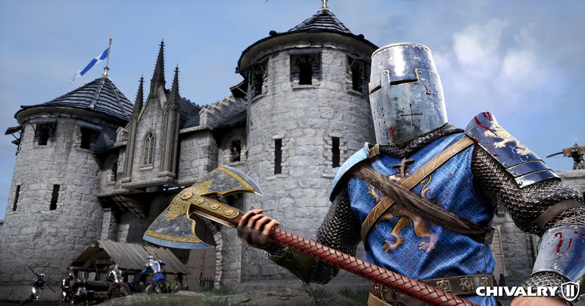 Ritter, die einen Rammbock gegen ein Burgtor in Chivalry 2 schieben.