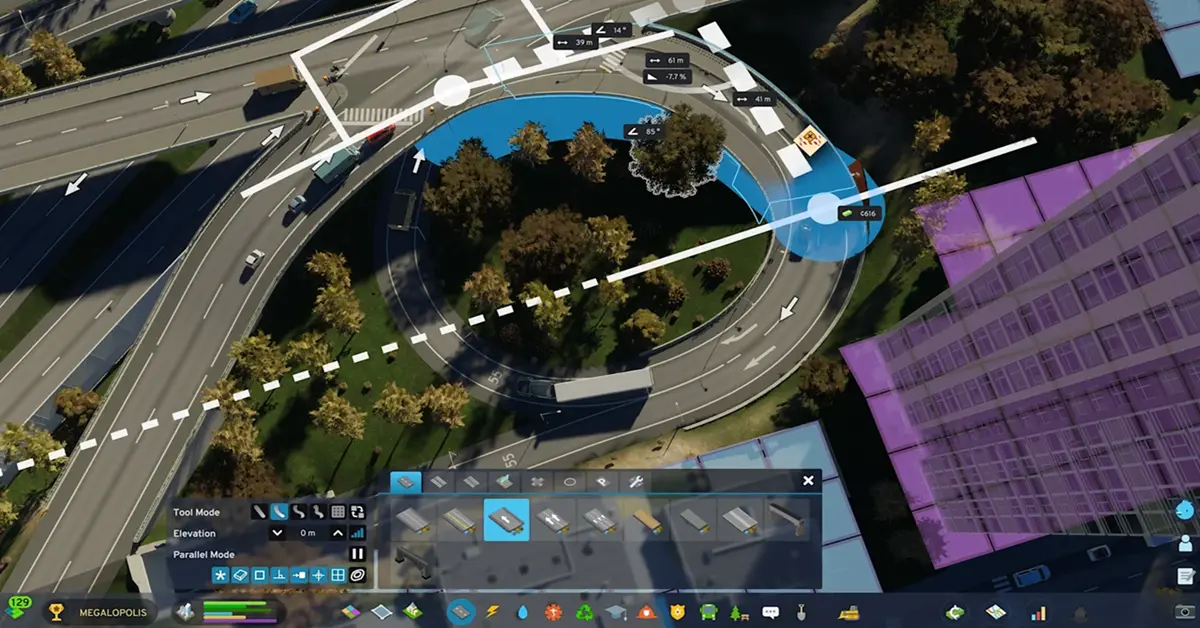 Eine weitläufige Metropole in Cities: Skylines 2, die das detaillierte Verkehrsmanagement hervorhebt