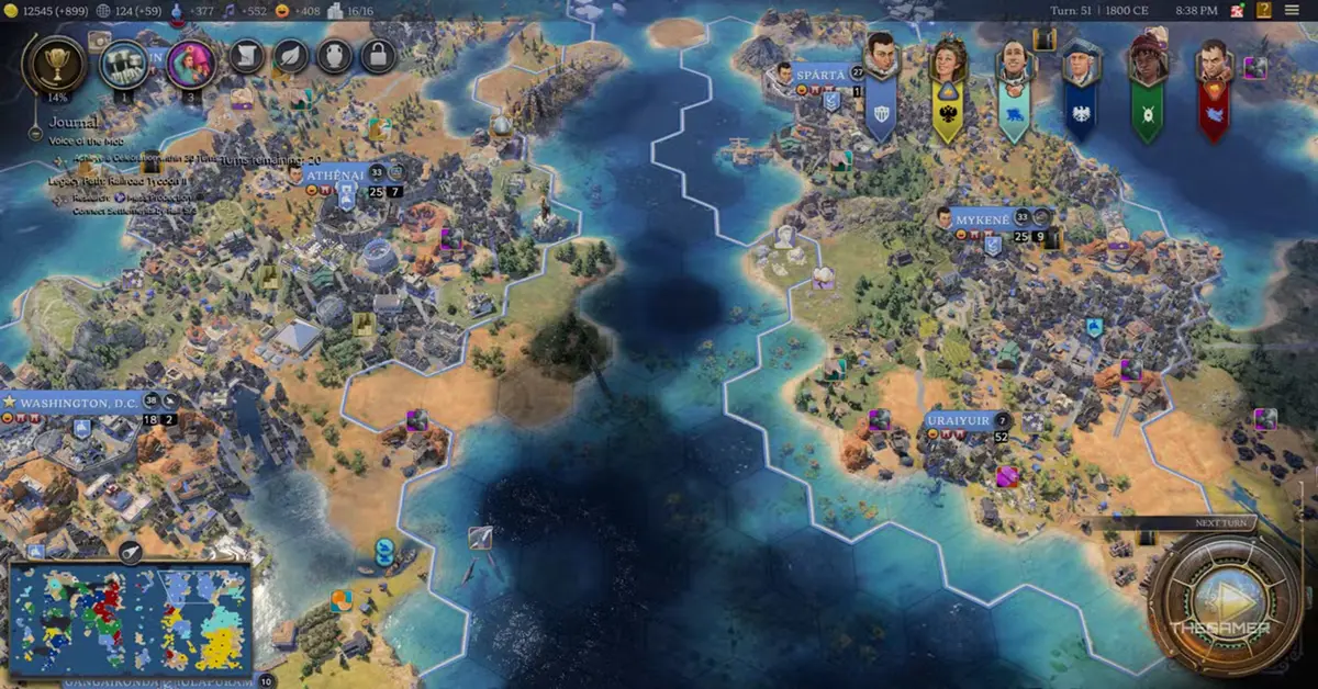 Taktische Kartenansicht in Civilization VII, die ausgedehnte Städte auf einem üppigen Kontinent zeigt