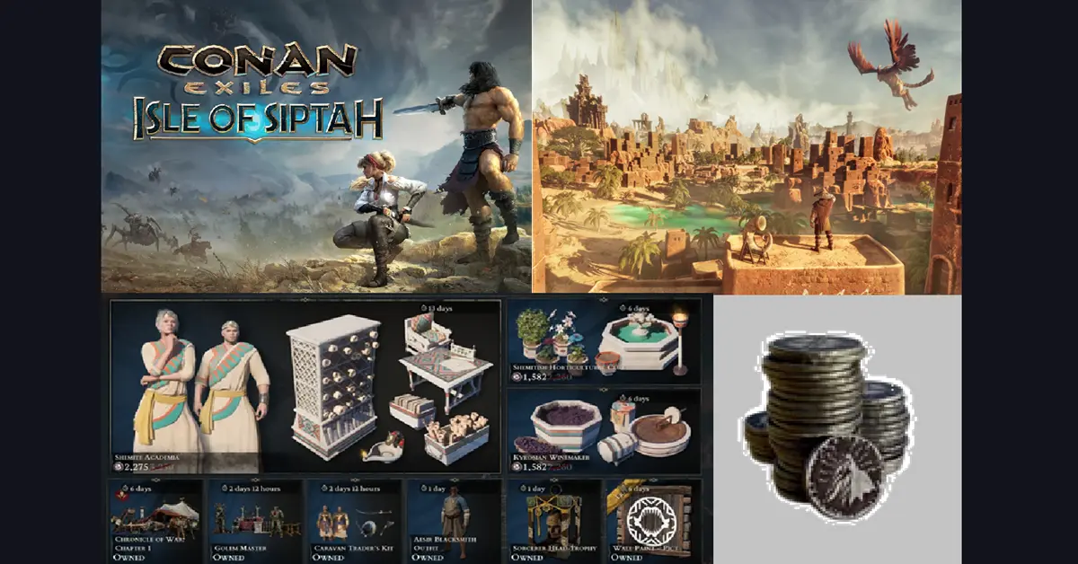 Benutzeroberfläche im Spiel vergleicht das Inselterritorium von Isle of Siptah mit der Wüstenlandschaft des Lands der Verbannten neben dem Basar-Shop für Crom-Münzen.