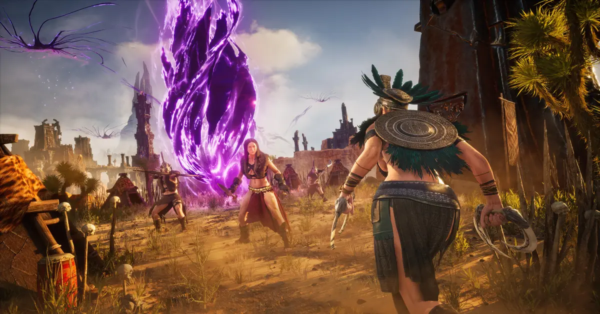 Conan Exiles Magier kanalisiert dunkle Magie gegen eine groteske Mi-Go-Kreatur in der Nähe eines leuchtenden Dimensionsrisses.