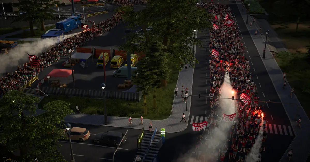 Eine detaillierte Straßenkarte, die Polizeiabsperrungen und Fanrouten vor einem großen Stadion in Copa City zeigt.
