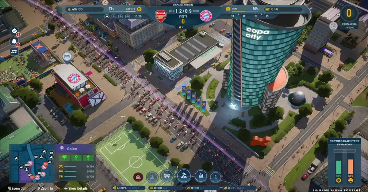 Nahaufnahme des Copa City Transport- und Sicherheits-UI-Panels an einem Spieltag