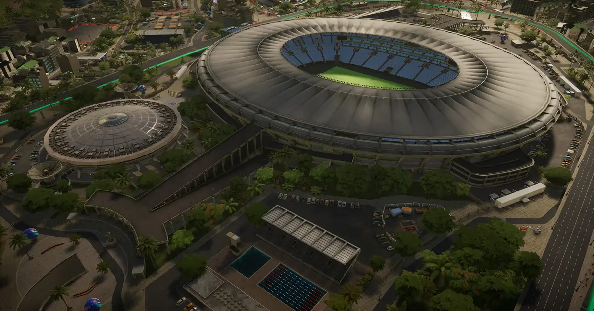Ansicht von oben auf eine belebte Stadion-Fanzone in Copa City
