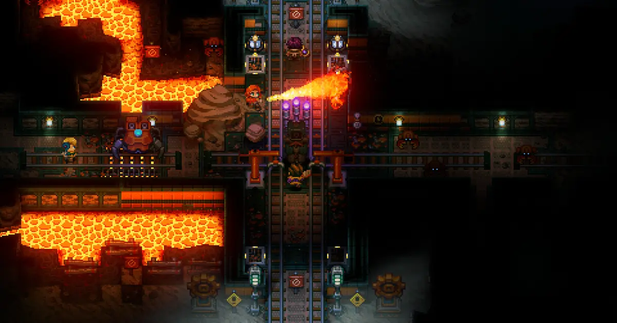 Core Keeper-Spieler baut Erze in einer unterirdischen Höhle mit Pixel-Art-Grafik ab