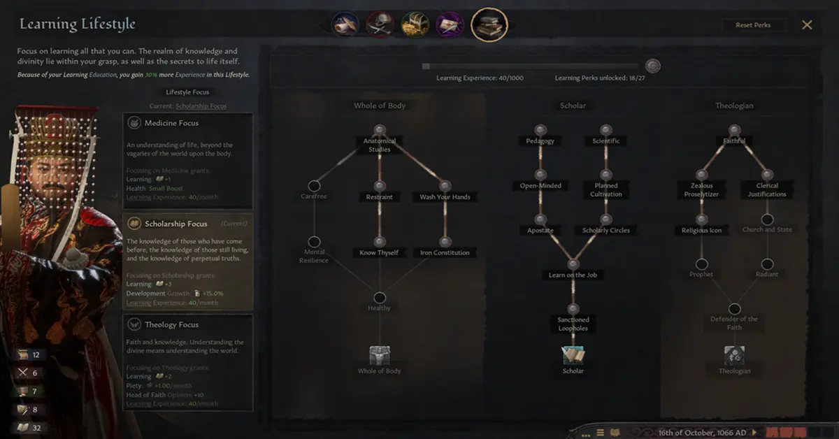 Der Bildschirm für Charakterfertigkeiten und Merkmalsverwaltung in Crusader Kings III.
