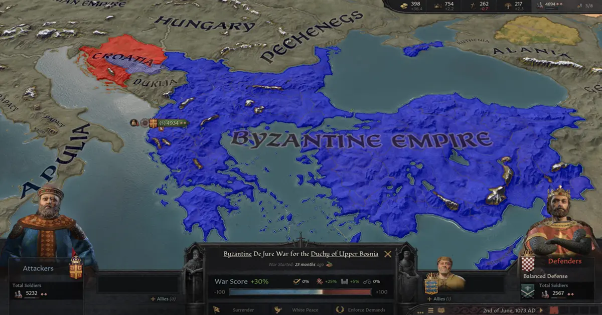 Eine detaillierte Ansicht der mittelalterlichen europäischen Kartenoberfläche in Crusader Kings III, die Königreichsgrenzen und Herrscherporträts zeigt.