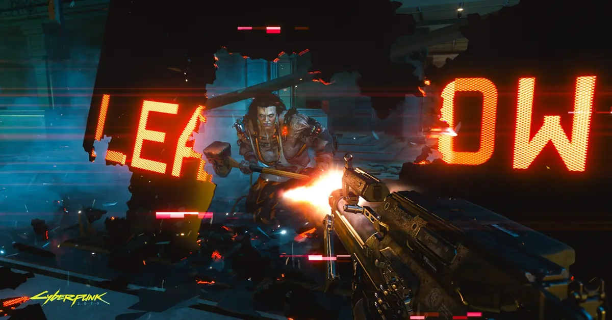 V schießt mit einer Smart-Waffe in einem actiongeladenen Kampf in Cyberpunk 2077