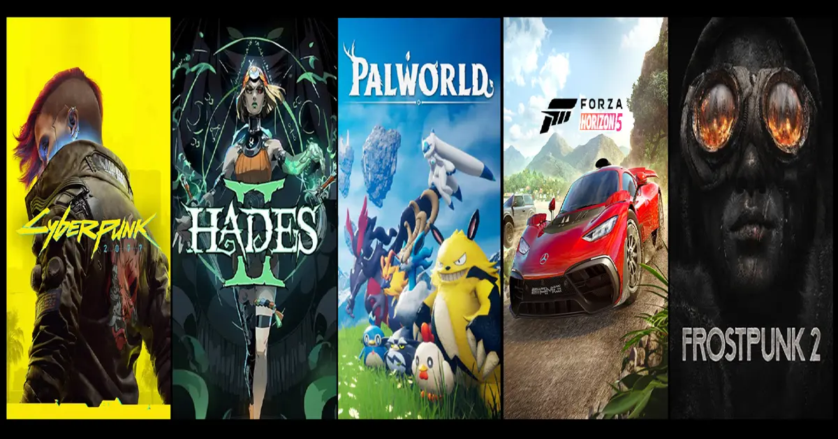 Geteilter Bildschirm mit Cyberpunk 2077, Hades 2, Palworld, Forza Horizon 5 und Frostpunk 2