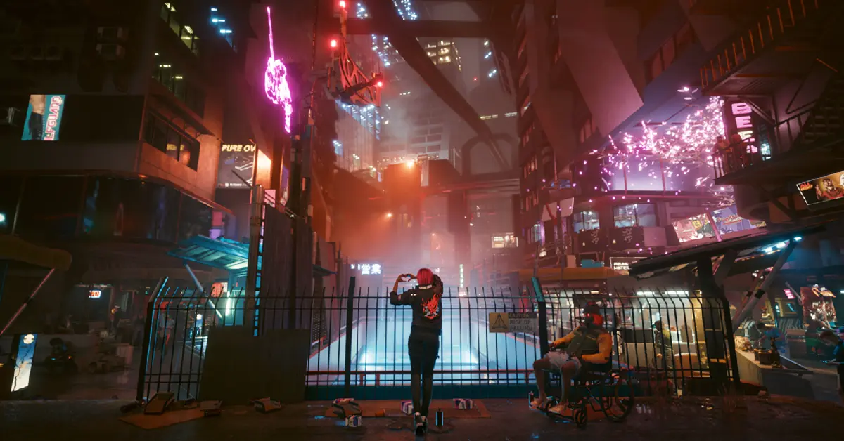 Cyberpunk 2077 Ultimate Edition Hauptcharakter V blickt über Night City