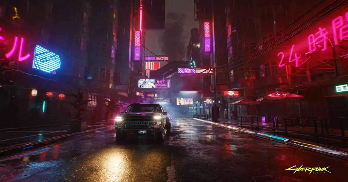 Cyberpunk 2077 Ultimate Edition Gameplay zeigt V in einer neonbeleuchteten Straße von Night City.