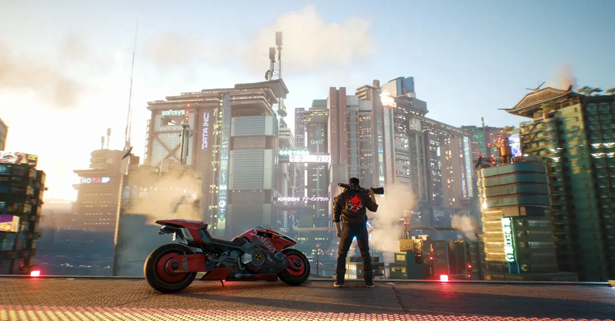 V blickt über die neonbeleuchtete Skyline von Night City in Cyberpunk 2077