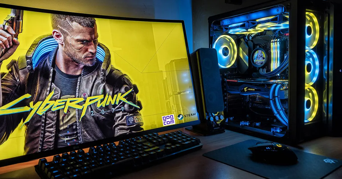 Cyberpunk 2077 running on a high-end PC gaming setup with Steam and GOG logos visible on screen.
