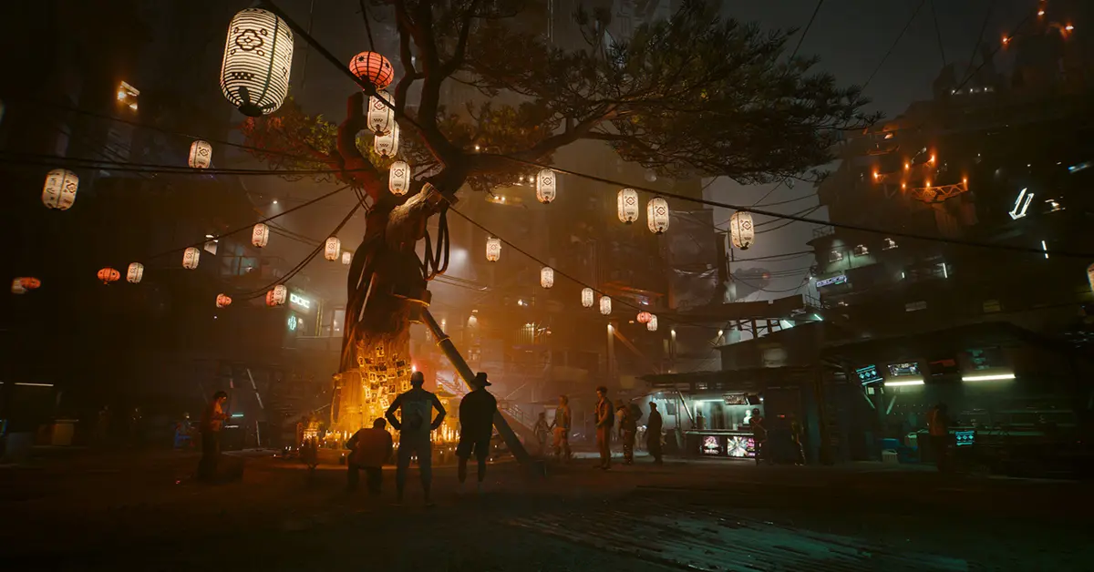 V und Solomon Reed stehen in den neongetauchten Ruinen von Dogtown in Cyberpunk 2077 Phantom Liberty