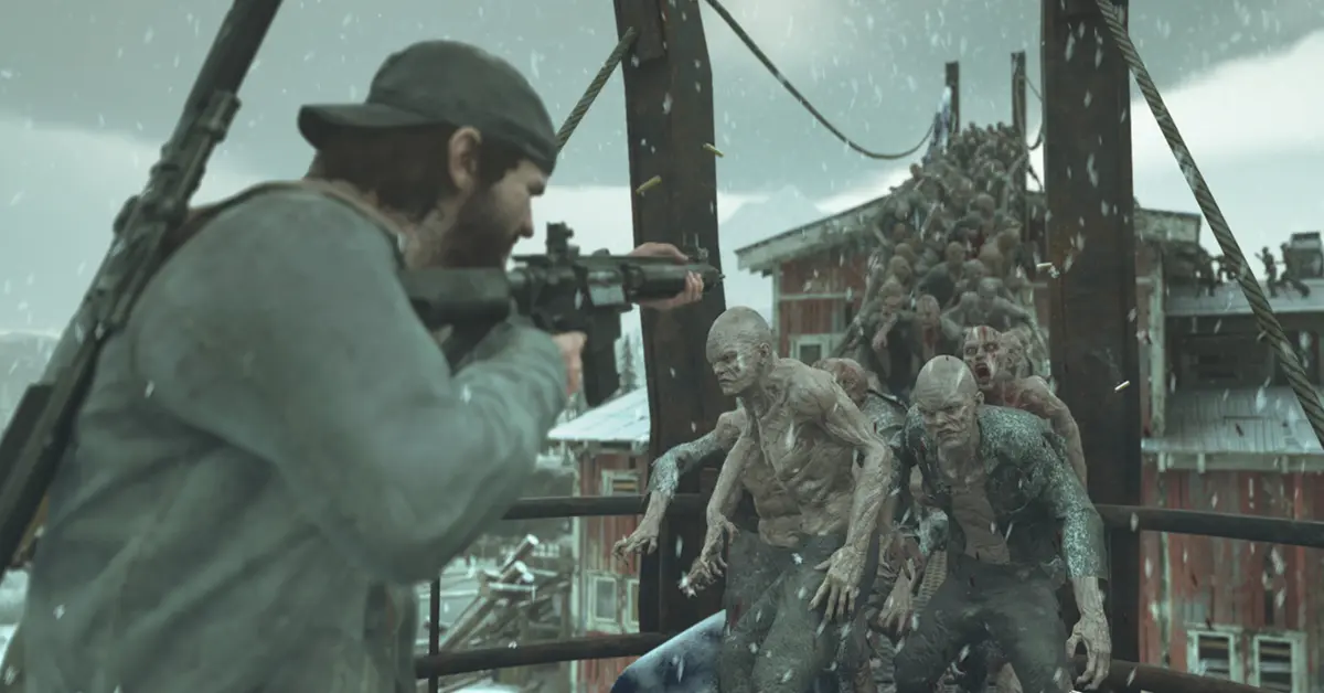 Eine gewaltige Horde von Freakern jagt Deacon durch ein verlassenes Sägewerk in Days Gone.