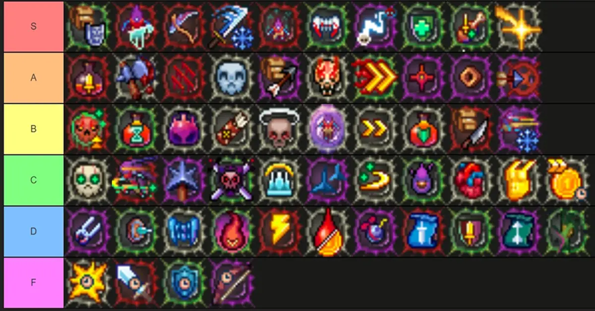 Ein detaillierter Inventarbildschirm in Dead Cells, der verschiedene Waffen, Mutationen und Charakterwerte zeigt.