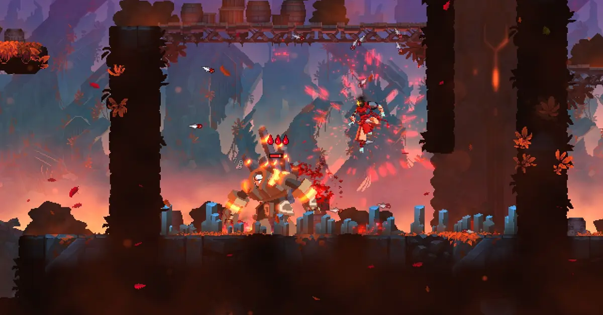 Der geköpfte Protagonist aus Dead Cells führt einen Abwärtsschlag gegen mehrere Gegner in einer dunklen Pixel-Art-Kerkerumgebung aus.