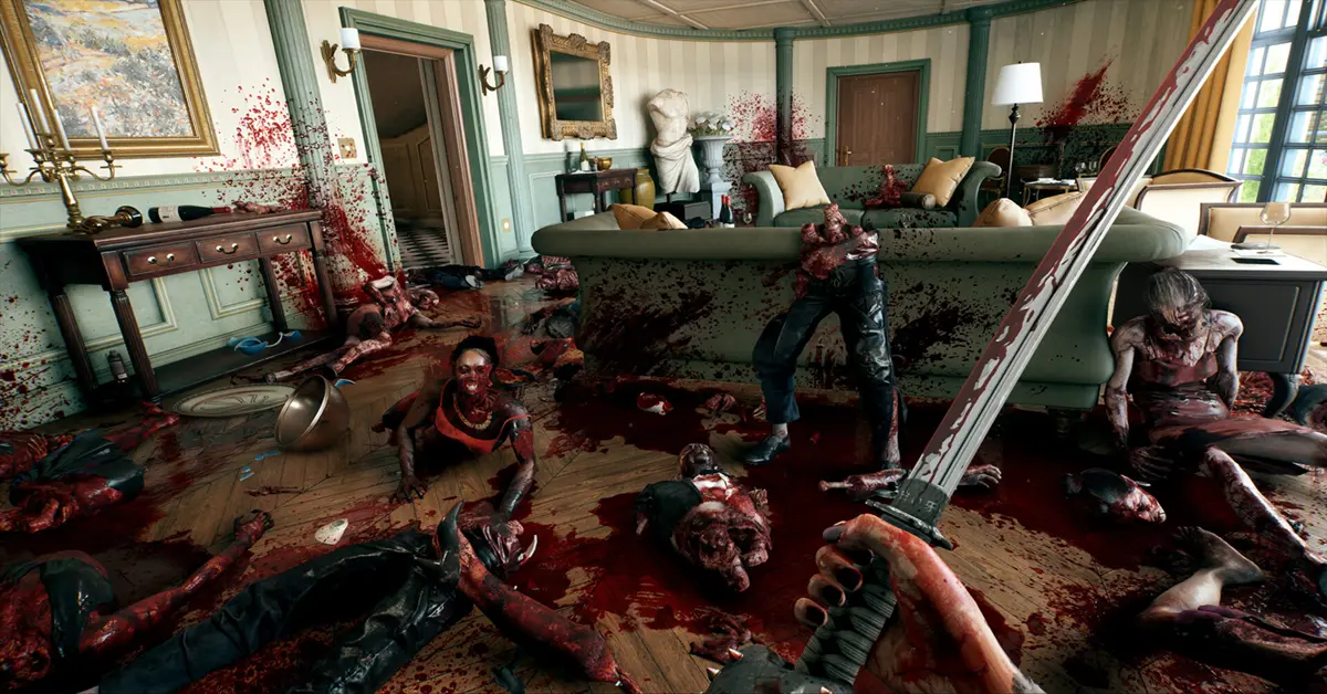 Ein Spielercharakter, der ein modifiziertes elektrisches Katana gegen Zombies in einer Villa in Hollywood einsetzt.
