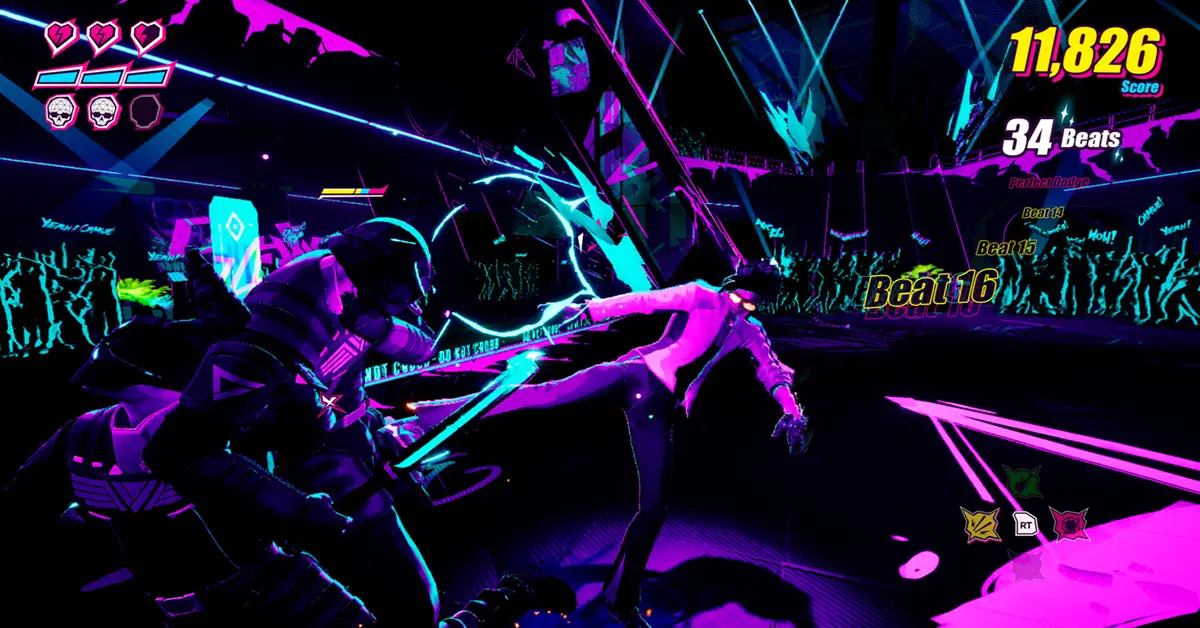 Charlie Disco führt in Dead As Disco auf einer Neon-Bühne einen taktsynchronen Tritt aus.