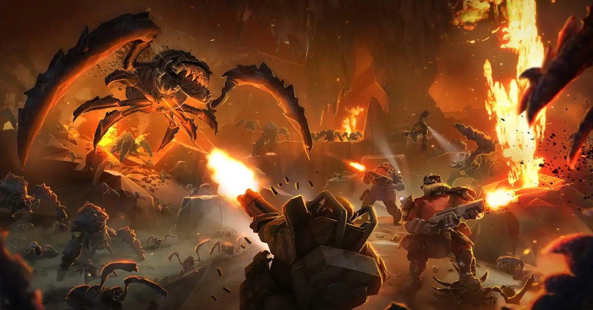 Ein Zwergen-Team aus Deep Rock Galactic bekämpft einen massiven Schwarm Glyphiden-Aliens, während es Gold abbaut