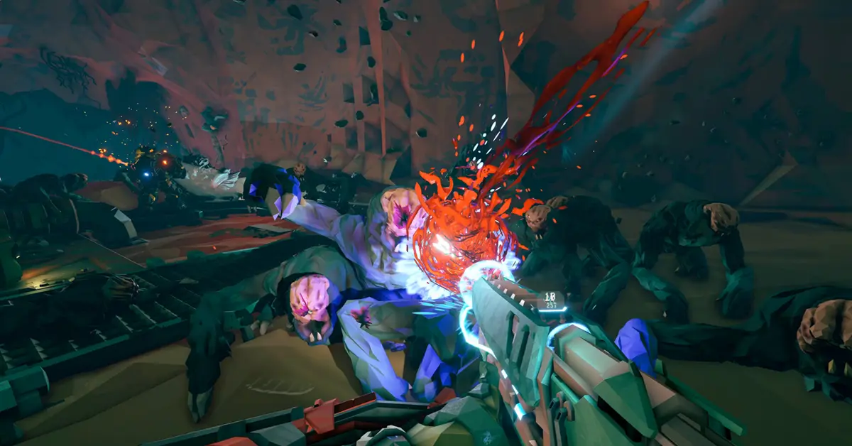 First-Person-Sicht eines Reclaimers im Kampf gegen Corespawn-Feinde in Rogue Core