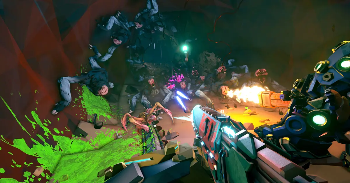 Ein Reclaimer-Trupp kämpft gegen einen Schwarm von Corespawn-Feinden in einer metallischen, verlassenen Deep Rock Galactic-Anlage.