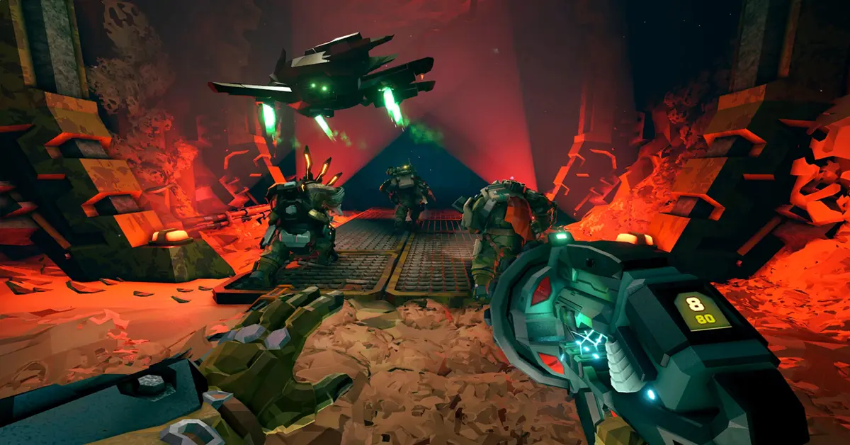 Deep Rock Galactic Rogue Core Reclaimer erkunden eine dunkle Höhle auf dem PC