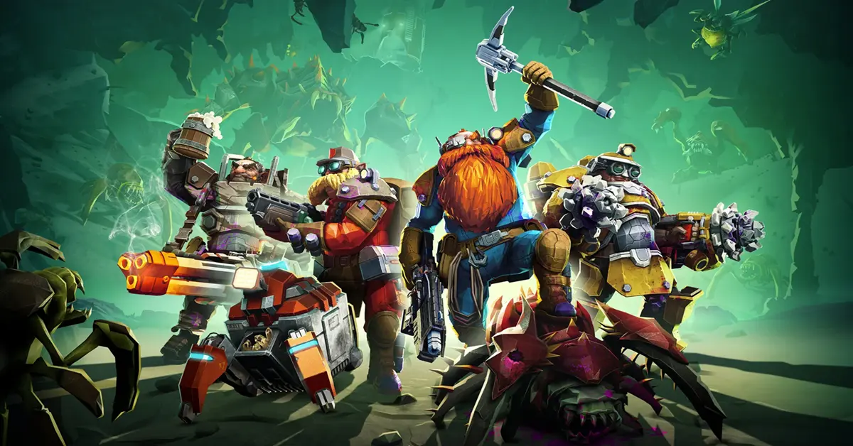 Ein Trupp schwer bewaffneter Zwergen-Minenarbeiter steht zusammen in einer dunklen, leuchtenden Alien-Höhle in Deep Rock Galactic