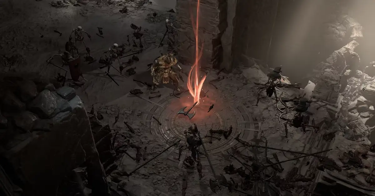 Diablo IV Gameplay zeigt einen Barbaren, der Dämonen in einem Dungeon bekämpft.