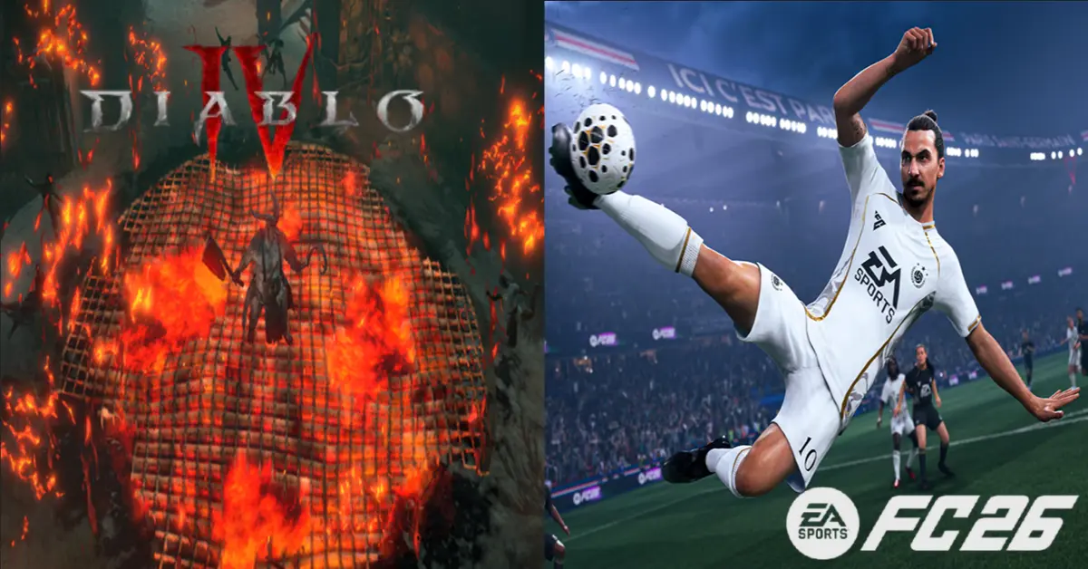 Side-by-Side Gameplay-Screenshots, die einen feurigen Dungeon-Kampf in Diablo 4 und einen extrem spannenden Elfmeter in EA Sports FC 26 zeigen