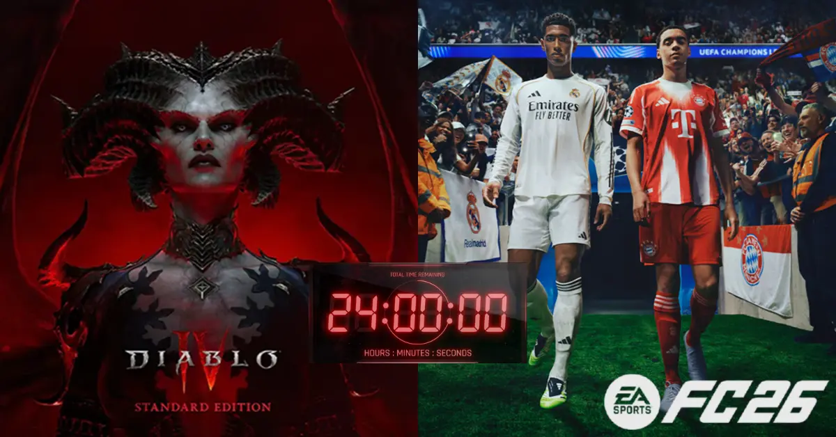 Split-Screen-Grafik, die Lilith aus Diablo 4 und die Cover-Athleten von EA Sports FC 26 mit einem leuchtenden 24-Stunden-Countdown-Timer zeigt
